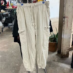 Aerie Women's White Linen Cotton Blend Draw String Cargo Pants Siz M